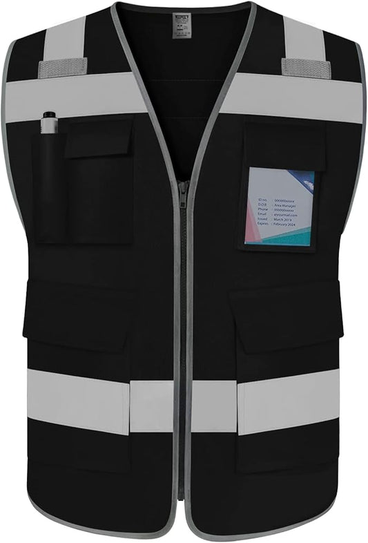 TCCFCCT Safety Vest for Men Women 5 Pockets Reflective Vest with Reinforced Zipper, High Visibility Construction Work Vest with Tabs for Walkie-talkie, Durable to Use, Meets ANSI/ISEA, Black, 5XL