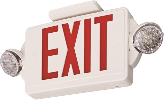 Lithonia Lighting Quantum LED Exit Sign/Emergency Light Combo, Exit Sign and Emergency Lights for Business, 2-Head Fixture, Red Letters, High Output Battery Backup, White (LHQM LED R HO M6)