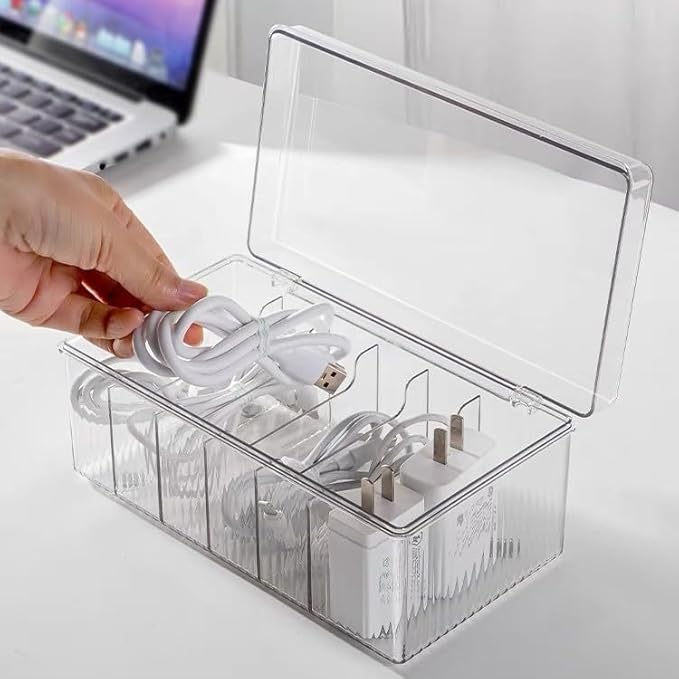 Clear Electronics Organizer Boxes, 6 Capacity Acrylic Charger Organizer with Cover and 1 Plastic Cable Ties for Home and Office