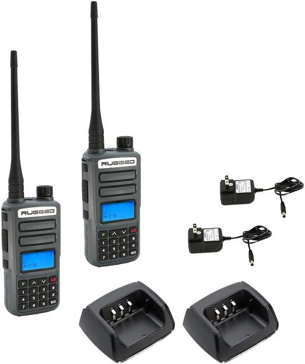 Rugged Radios 2 Pack GMR2 Plus GMRS Handheld Two Way Radio Grey 2 Watt Long Range Walkie Talkie for Hiking Off Roading Events Warehouse Communication