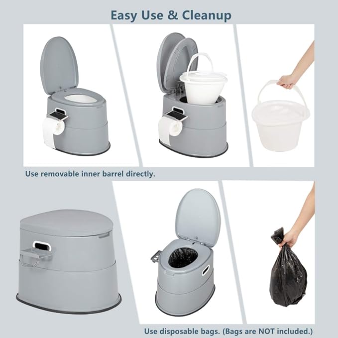VINGLI Portable Toilet | Indoor Outdoor Commode w/Detachable Inner Bucket & Removable Paper Holder, Lightweight & Compact for Camping, Boat, Van, Emergency Use (Grey)