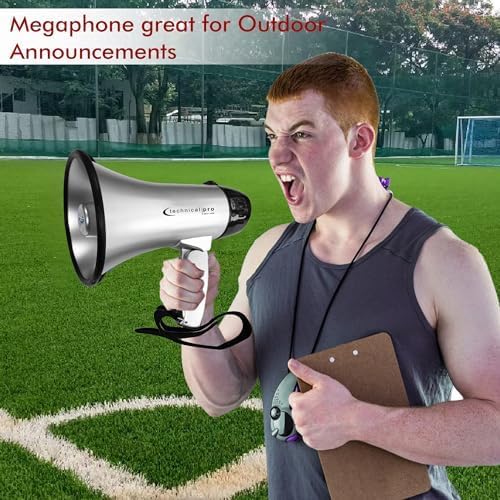 Technical Pro 20 Watts Lightweight Portable 300M Range Megaphone Bullhorn with Strap, Siren, and Volume Control, Good for Trainers, Soccer, Football, Baseball, Coaches