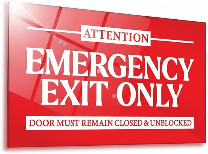 Premium Acrylic Emergency Exit Only Sign, Made in USA, 7.0x4.25 Emergency Exit Sign, Vibrant Red In Case of Fire Exit Signs for Business, Door Must Remain Closed & Unblocked Signs with Stickers