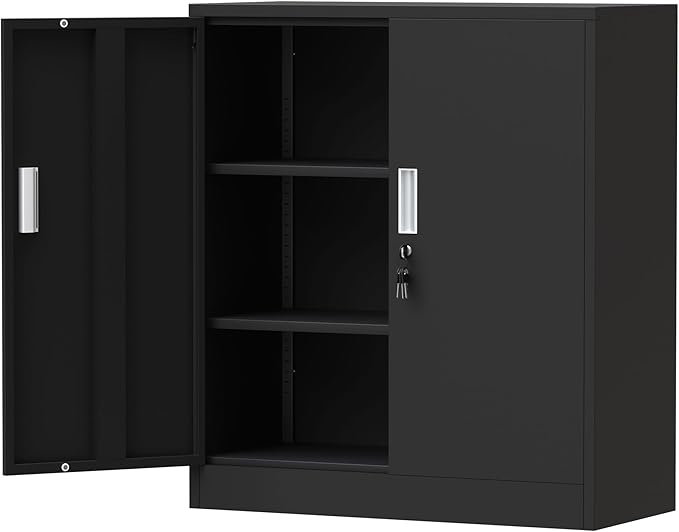 Metal Storage Cabinet with Locking Doors and 2 Adjustable Shelves, Small Lockable Steel Storage Cabinets for Home Office Garage Kitchen Pantry (Black)