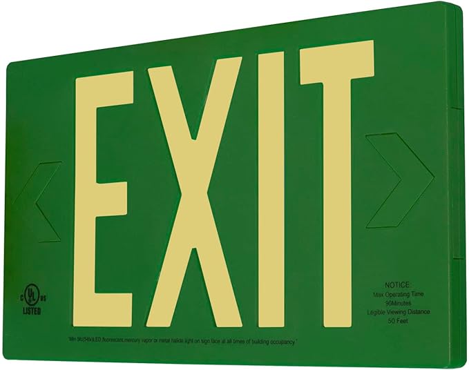LFI Lights® UL 924 Listed 50’ Photoluminescent Exit Sign, Green Thermoplastic Housing, Double Sided, Wall, Ceiling or Side Mount, Optional Arrows, Glow in the Dark, No Power or Battery Needed, PA3G50D