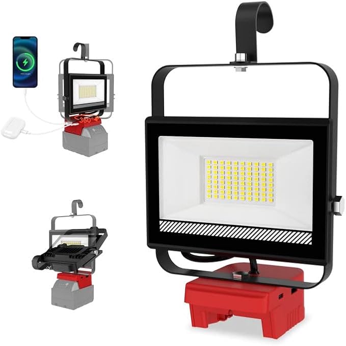 60W 6000LM Cordless Work Light Compatible with Milwaukee 18V Battery (Battery Not Included), Portable LED Flashlgiht Flood Light with USB &Type C Charging for Job Site, Emergency, Camping