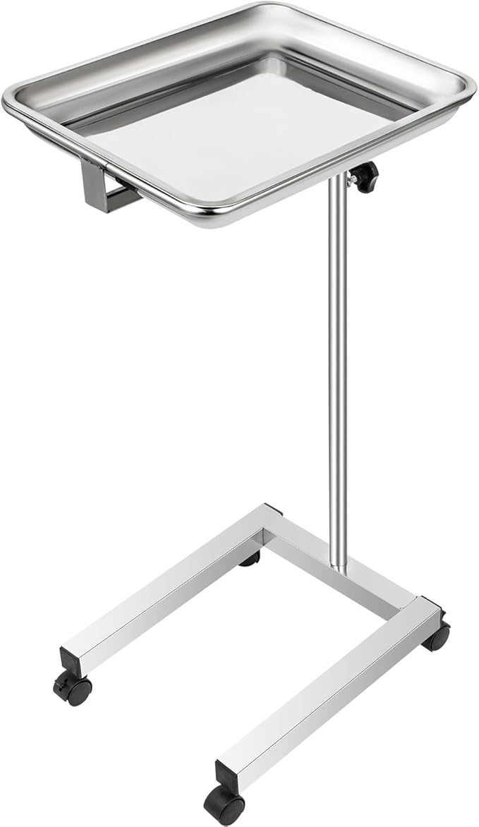 VEVOR Lab Cart, Stainless Steel Mayo Tray Stand 18 x 14 in Trolley Mayo Stand, Adjustable Height 32-51 in Instrument Tray with Removable Tray & 4 Omnidirectional Wheels, Ideal for Home Equipment