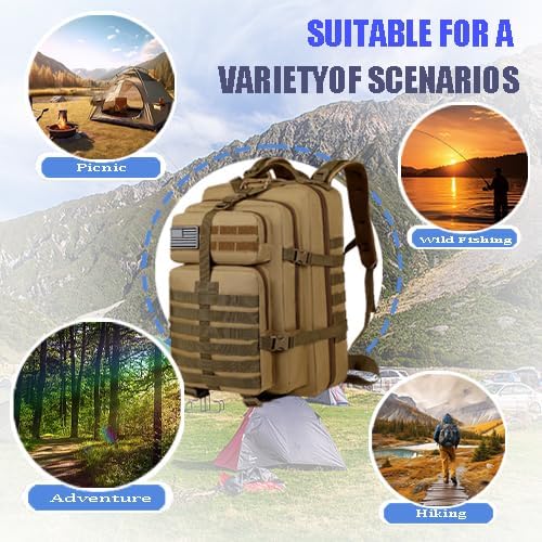 Military Tactical Backpack, Large Black MOLLE Assault Pack with American Flag Patch, 45L Waterproof Rucksack for Outdoor Hiking Camping (Black)