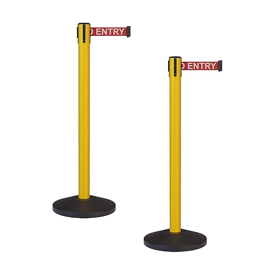 Crowd Control Warehouse - CCW Set of 2 Safety Retractable Belt Barrier Stanchion, Sloped Base, Yellow Post, RBB-100-9 ft Belt, Red with"NO Entry" White Letters Belt