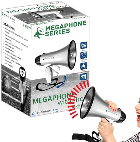 Technical Pro 20 Watts Lightweight Portable 300M Range Megaphone Bullhorn with Strap, Siren, and Volume Control, Good for Trainers, Soccer, Football, Baseball, Coaches