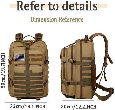 Military Tactical Backpack, Large Black MOLLE Assault Pack with American Flag Patch, 45L Waterproof Rucksack for Outdoor Hiking Camping (Brown)