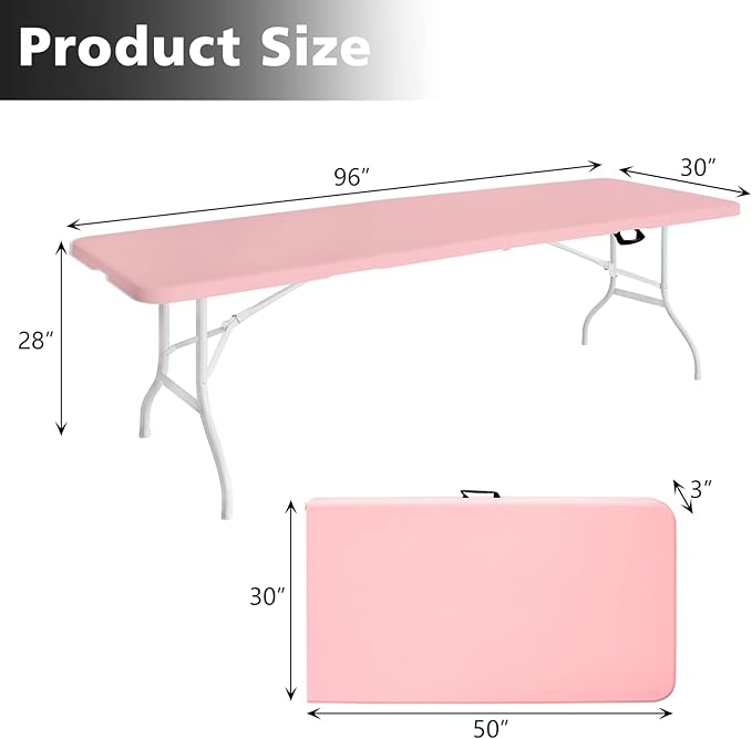 Portable 8Ft Plastic Folding Table, Heavy Duty 8ft Fold-in-Half Table with Carrying Handle, 8' Folding Utility Foldable Table for Picnic Party Camping Kitchen, Indoor/Outdoor (Pink)