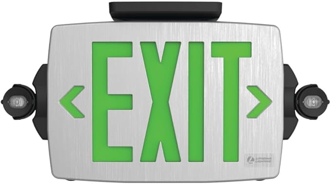 Lithonia Lighting Quantum LED Exit Sign Emergency Light Combo, Exit Sign and Emergency Lights for Business, 2-Head Fixture, Red/Green Selectable Letters, Brushed Silver (LHQM S BBS RG MVOLT M6)