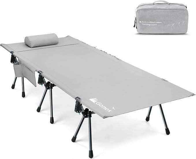 Gonex 31.5" Extra Wide Camping Cot with Leg Extenders 2 in 1 Portable Folding Cot for Adults Height Adjustable Supports 350lbs Sleeping Bed for Backpacking Travel Beach Home (Grey)