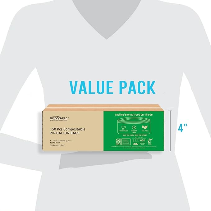 Compostable Gallon Food Storage Freezer Bags, 150 Count | 2 Mil | 10.5" * 10.7", Freshness Easy Open Biodegradable Eco-Friendly Reclosable Compost Zippper Bags