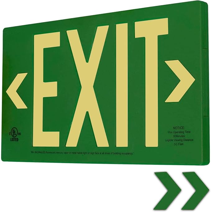 LFI Lights® UL 924 Listed 50’ Photoluminescent Exit Sign, Green Thermoplastic Housing, Single Sided, Wall, Ceiling or Side Mount, Optional Arrows, Glow in the Dark, No Power or Battery Needed, PA3G50S