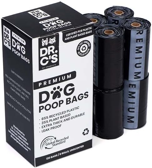 Certified 65% PCR (Post Consumer Recycled) Plastic and 35% Plant Based, ONE OF A KIND, Dog Poop Bags - 120 Bags / 8 Rolls, NO NEW PLASTICS USED, Unscented, Earth Friendly, USA Owned