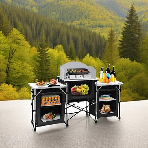 Seeutek Camping Kitchen Table, Aluminum Portable Outdoor Cooking Table Foldable Camp Table with Windscreen and 3 Storage Cupboards Multifunctional for BBQ, Party, Picnics & Outdoor Activities Black