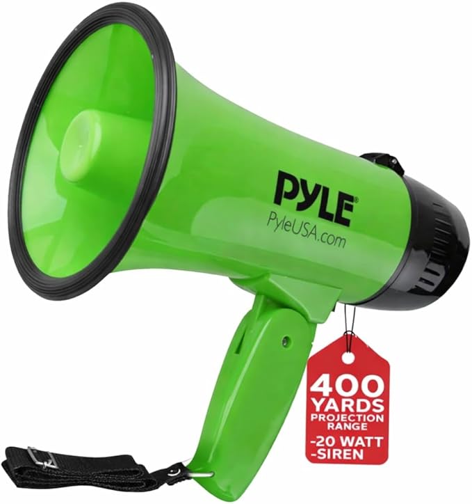 Pyle Portable Megaphone Speaker Siren Bullhorn - Compact and Battery Operated with 20 Watt Power, Microphone, 2 Modes, PA Sound and Foldable Handle for Cheerleading and Police Use - Pyle PMP22GR,Green