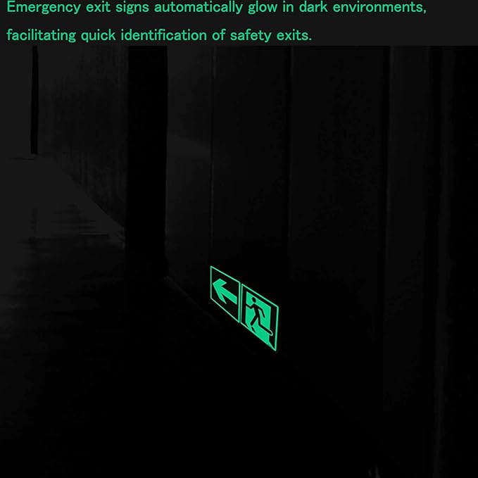 Emergency Exit Sign Glow in the Dark Decals, Running Man Sign With Directional Arrow Light Stickers, 15x15 cm, 8 Pcs Green