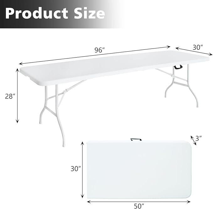 Portable 8Ft Plastic Folding Table, Heavy Duty 8ft Fold-in-Half Table with Carrying Handle, 8' Folding Utility Foldable Table for Picnic Party Camping Kitchen, Indoor/Outdoor (White)