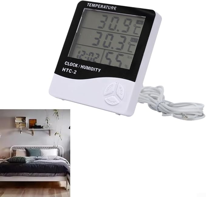 Digital Temperature and Humidity Monitor with Large LCD Display Indoor Outdoor Thermohygrometer Clock and Calendar for Home Office Garden Warehouse