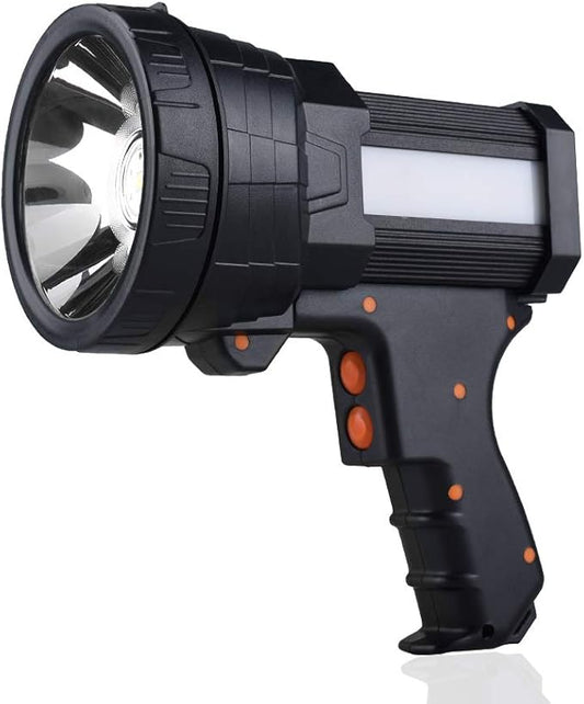 YIERBLUE Rechargeable Spotlight, Super Bright 100,000 High Lumen LED Handheld Spotlight Long Lasting Large Flashlight Searchlight and Flood Camping Flashlight with Foldable Tripod Black