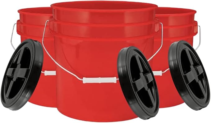 House Naturals 3.5 Gallon Food Grade RED Bucket Pail with Black Air-Tight Screw On Lid (Pack of 3) BPA Free containers -Made in USA