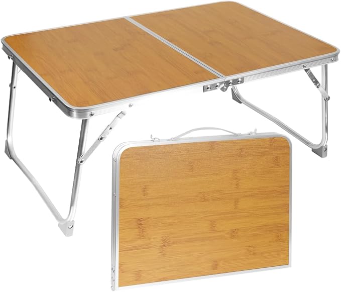 KISKIS 2 Fold Ultra Lightweight Folding Camping Tables 2Ft Portable Small Aluminum Outdoor Desk with Carry Handle, 62X42cm(24X17inch) for Picnic Travel,Bamboo Wood Grain