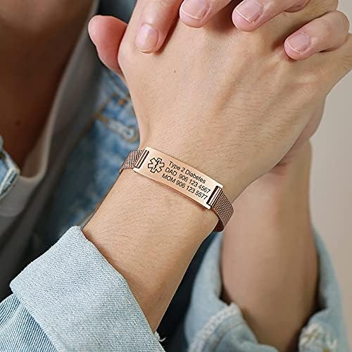 VNOX Medical Alert Bracelets for Men & Women Kids with Free Engraving Adjustable Stainless Steel Mesh Emergency Medical ID Bracelets Wristband