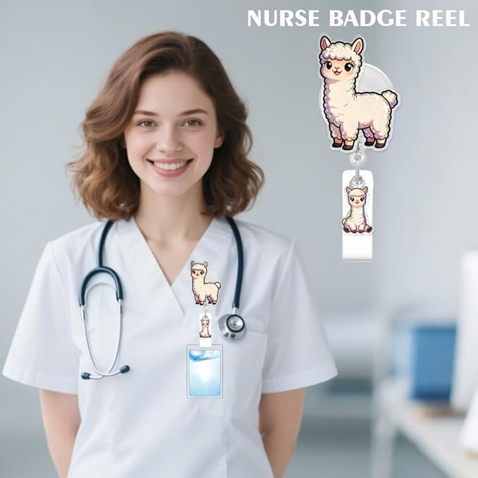 Cute Alpaca Badge Reel for ID Card, Funny Animal Alpaca Retractable Nurse Alligator Clip Badge Reel for Women, ID Name Tag Badge Holder for Office School Hospital Nurses Doctors Teachers