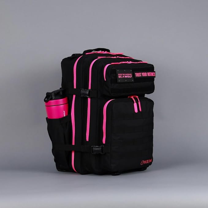 WOLFpak 45L Athletic Gym Backpack - Durable 1000D Waterproof Oxford Material with MOLLE Webbing, Laptop Pocket & Dual Cup Holders, Durable Fitness/Travel/Military Daypack (Neon Pink)
