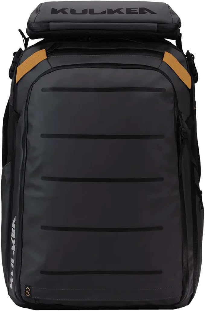 Käydä 44L Travel Backpack - Spacious Carry On Backpack with Detachable Travel Pouch, Magnetic Water Bottle Pocket, Passport and Laptop Pocket - Convertible Boot Bag for Snow Sports (Black/Gold)