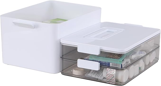 Ramddy 3-Tier Medicine Storage Box, Plastic Family First Aid Box with Handle, White, 1-Pack
