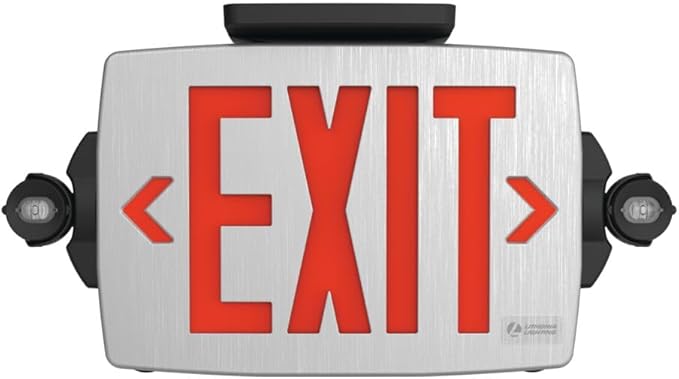 Lithonia Lighting Quantum LED Exit Sign Emergency Light Combo, Exit Sign and Emergency Lights for Business, 2-Head Fixture, Red/Green Selectable Letters, Brushed Silver (LHQM S BBS RG MVOLT M6)