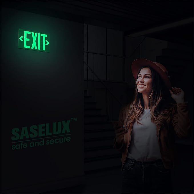 Photoluminescent Exit Sign Aluminum - Adhesive Backing Glow In The Dark - Removable Arrows Included - 12x7 Inches - Non Electrical Green Exit Light For 50 Feet Visibility (2 Pack)