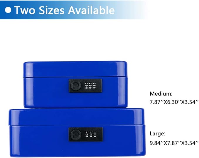 KYODOLED Cash Box with Combination Lock,Safe Metal Box for Money,Storage Lock Box with Money Tray,7.87"x 6.30"x 3.54" Blue Medium