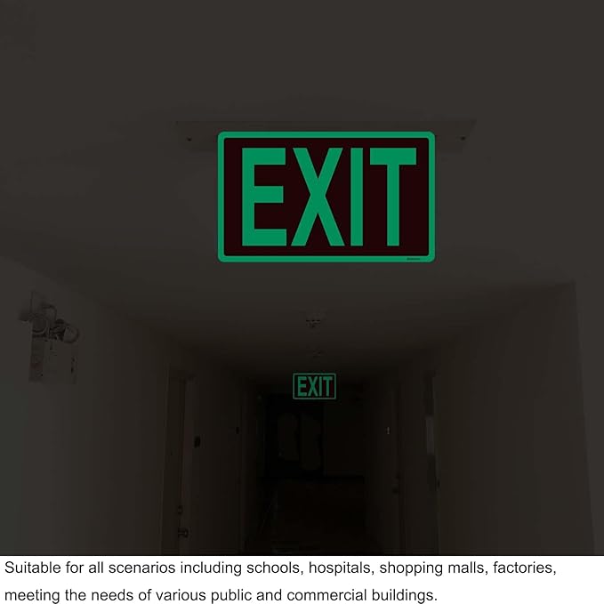Glow in the Dark Exit Sign Stickers - 4 Pcs, 12x7 In - Ideal Illuminated Emergency Exit Signs for Business or Office - Apply to Door, Wall, Window - Photoluminescent and UV Protected