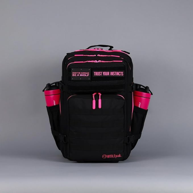 WOLFpak 45L Athletic Gym Backpack - Durable 1000D Waterproof Oxford Material with MOLLE Webbing, Laptop Pocket & Dual Cup Holders, Durable Fitness/Travel/Military Daypack (Neon Pink)