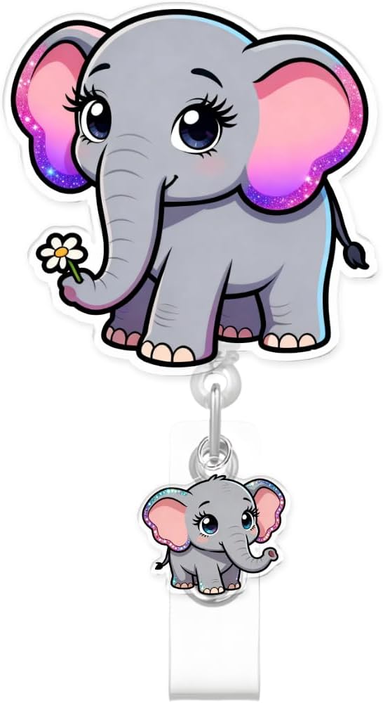Cute Elephant Badge Reel for ID Card, Funny Flower Elephant Retractable Nurse Alligator Clip Badge Reel for Women, ID Name Tag Badge Holder for Office School Hospital Nurses Doctors Teachers