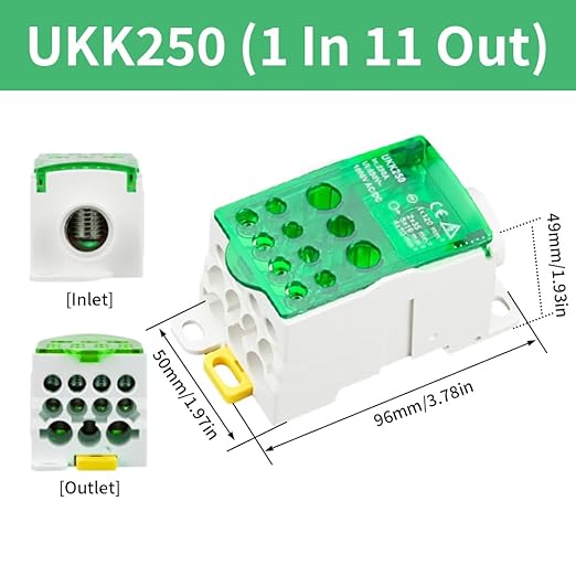 DIN Rail Distribution Box,690V 250A Positions Screw Terminal Block Junction Box Breaker Box Circuit Breaker Distribution Box for Various Power Distribution Needs (Green, 250A)