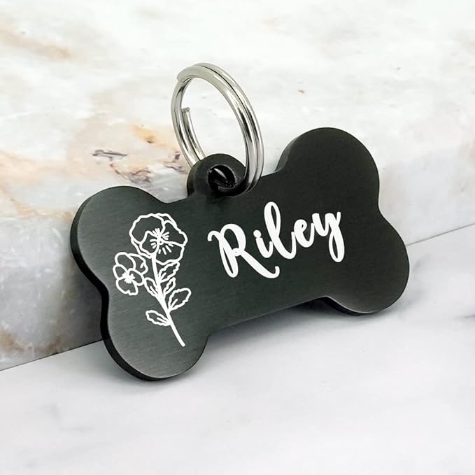Ultra Joys Personalized Dog Tags for Pets - Durable Stainless Steel Customizable Dog Cat ID Tags - Dog Tags for Safety Optional Engraved on Both Sides -Birth Flower Dog Tag Small, Black