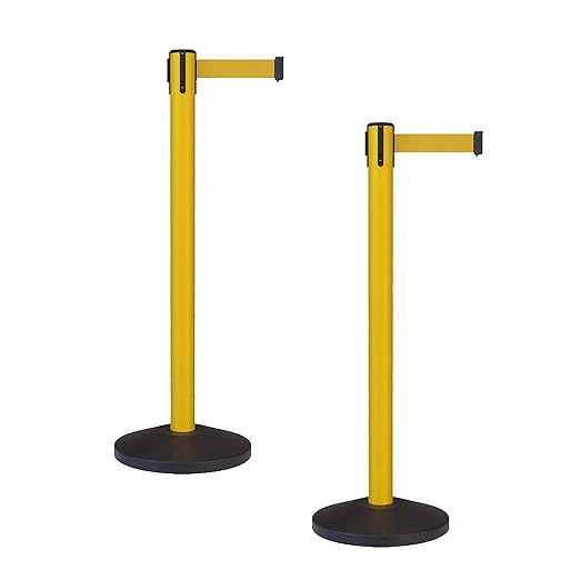 Crowd Control Warehouse - CCW Set of 2 Safety Retractable Belt Barrier Stanchion, Sloped Base, Yellow Post, RBB-100-9 ft Belt, Yellow Belt