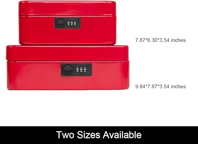 KYODOLED Large Cash Box with Combination Lock Safe Metal Money Box with Money Tray for Security Lock Box 9.84"x 7.87"x 3.54" Red Large