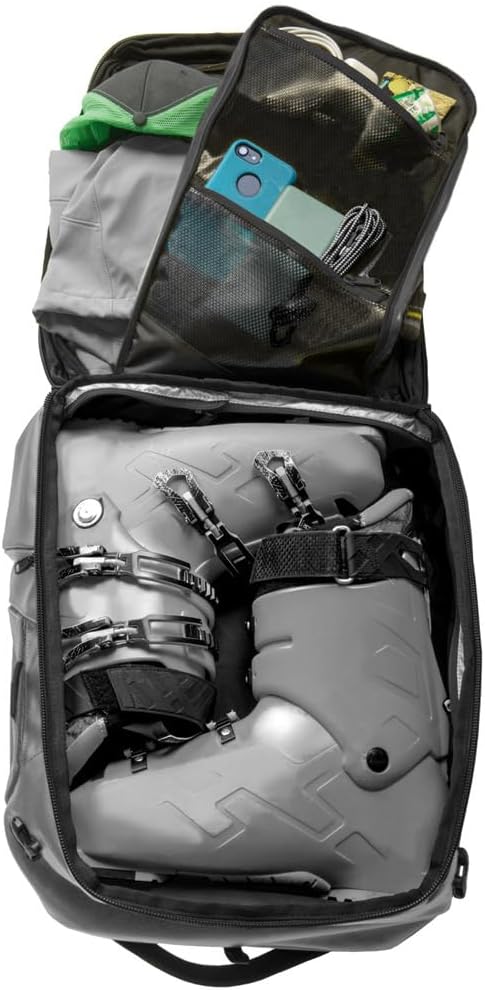 Käydä 36L Travel Backpack - Spacious Carry On Backpack with Detachable Travel Pouch, Magnetic Water Bottle Pocket, Passport and Laptop Pocket - Convertible Boot Bag for Snow Sports (Black/Gold)