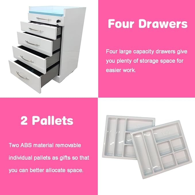 4 Drawer Dental Assistant's Mobile Cabinet Office File Storage Cart Mobile Utility Storage Cart Stainless Steel Moving Side Cabinet with 2 Pallets Lock Wheels for Dental Medical Office