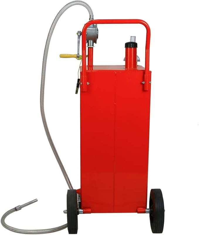 AutoForever 30 Gallon Portable Gas Caddy, Fuel Transfer Tank Gasoline Diesel Storage Can with Rotary Hand Pump and 4 Wheelsfor Automobiles ATV Car Mowers Tractors (Red)