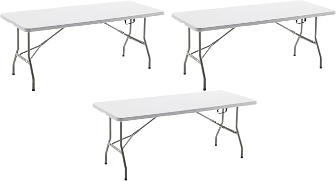 BTEXPERT, Fold-in-Half Folding Table 6 Feet 72"x 29.5" Lightweight Portable Carrying Handle Indoor Outdoor Picnic Camping Office Home Party Wedding Event White Set of 3