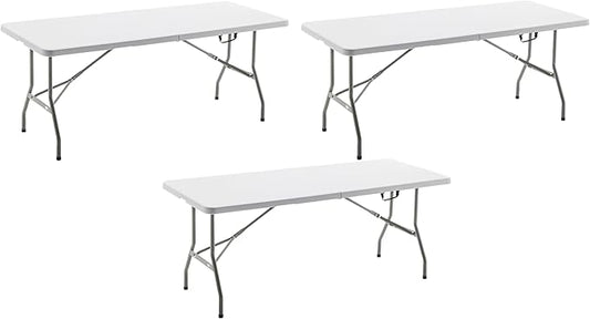 BTEXPERT, Fold-in-Half Folding Table 6 Feet 72"x 29.5" Lightweight Portable Carrying Handle Indoor Outdoor Picnic Camping Office Home Party Wedding Event White Set of 3