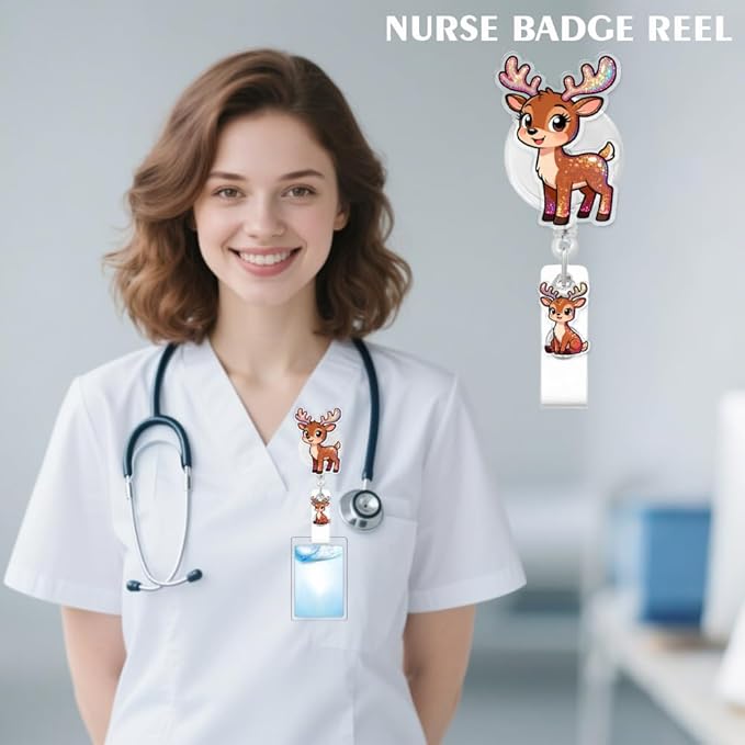 Cute Elk Badge Reel for ID Card, Funny Animal Christmas Elk Retractable Nurse Alligator Clip Badge Reel for Women, ID Name Tag Badge Holder for Office School Hospital Nurses Doctors Teachers